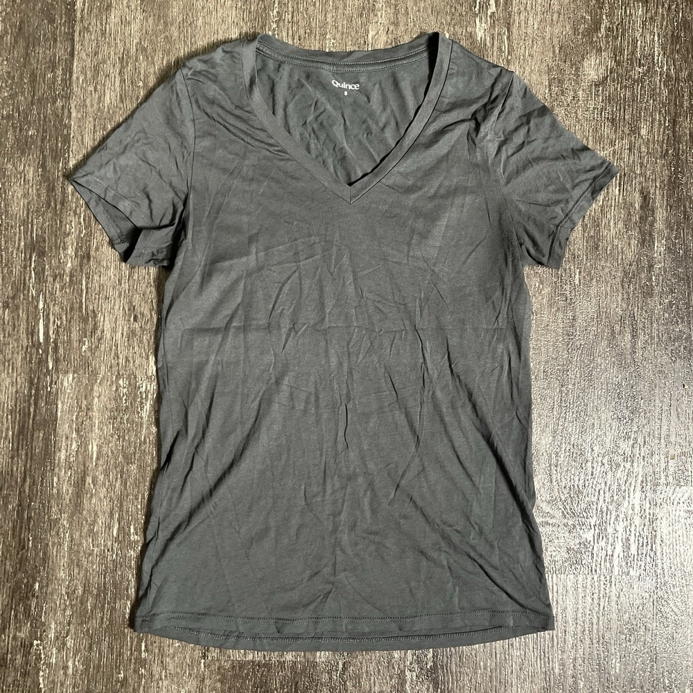 Quince Womens V Neck Cotton Modal Short Sleeve Shirt Size Small‎ Grey Minimalism